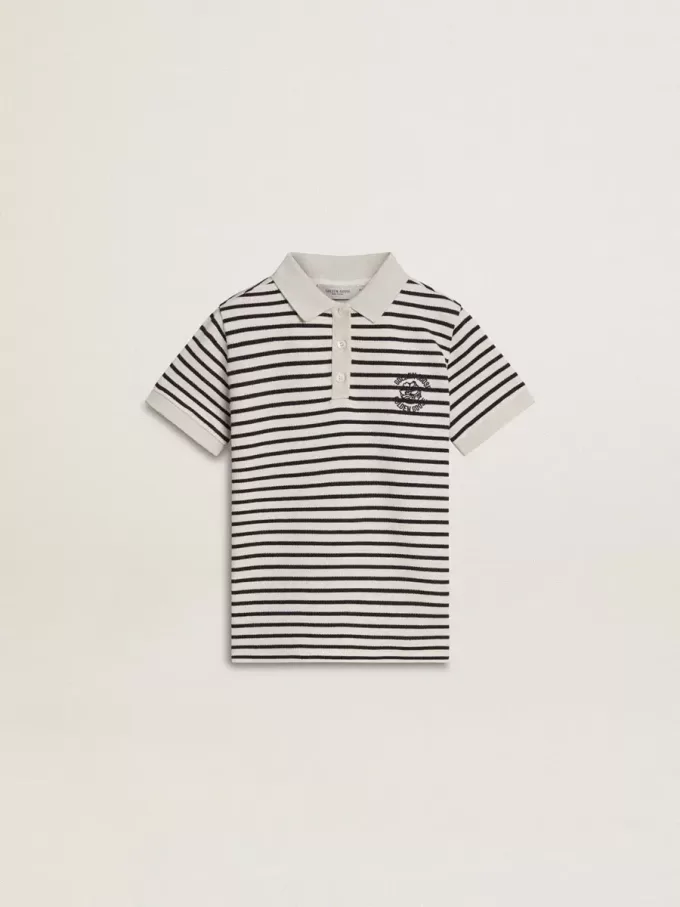 Polo da bambino in cotone bianco con strisce blu navy e ricami