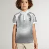 Polo da bambino in cotone bianco con strisce blu navy e ricami