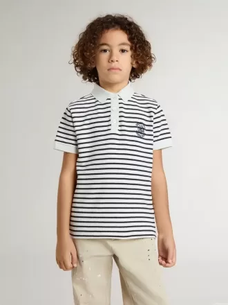 Polo da bambino in cotone bianco con strisce blu navy e ricami