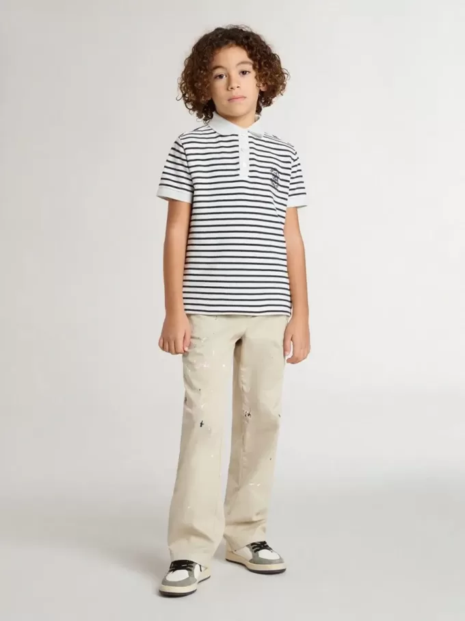 Polo da bambino in cotone bianco con strisce blu navy e ricami