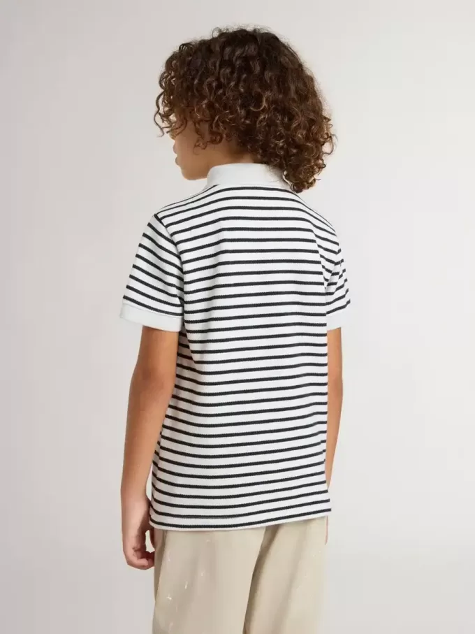 Polo da bambino in cotone bianco con strisce blu navy e ricami