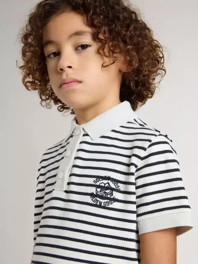 Polo da bambino in cotone bianco con strisce blu navy e ricami