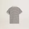Polo da bambino in cotone bianco con strisce blu navy e ricami