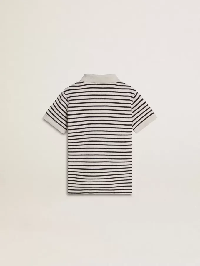 Polo da bambino in cotone bianco con strisce blu navy e ricami