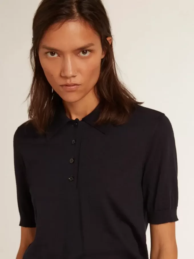 Polo da donna in lana merino blu navy Polo da donna in lana merino blu navy