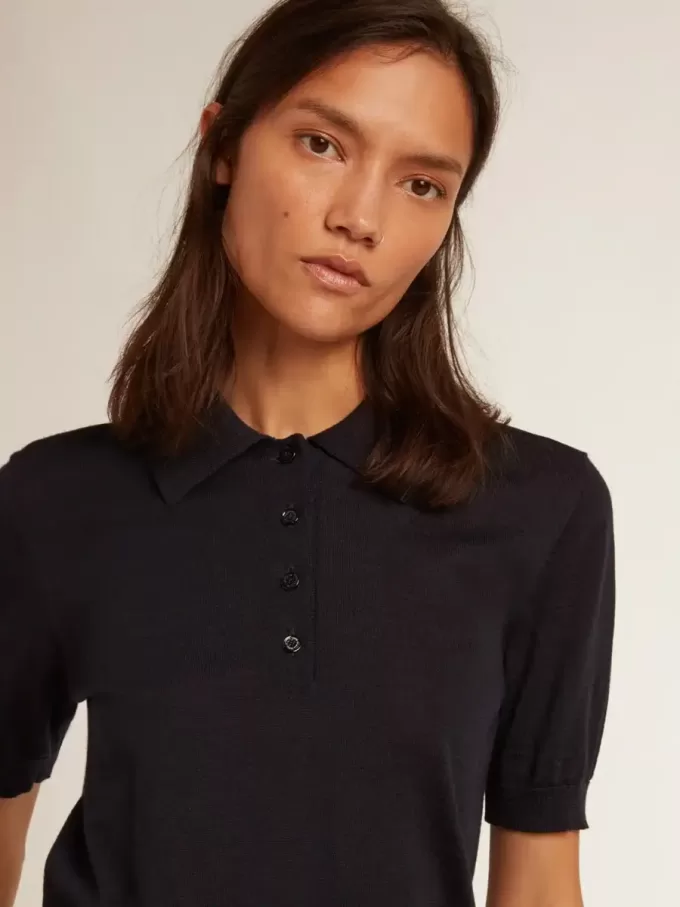 Polo da donna in lana merino blu navy Polo da donna in lana merino blu navy