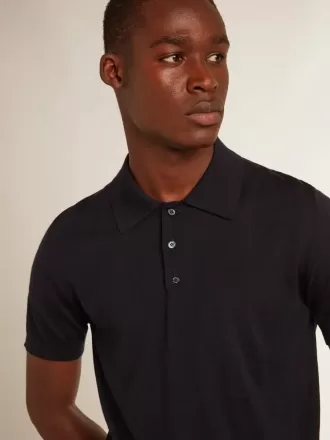 Polo da uomo a maniche corte in lana merino blu navy