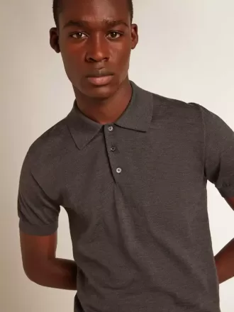 Polo da uomo a maniche corte in lana merino grigia