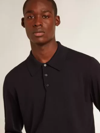Polo da uomo a maniche lunghe in lana merino blu navy Polo da uomo a maniche lunghe in lana merino blu navy