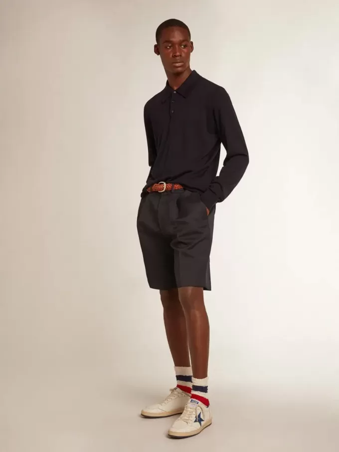 Polo da uomo a maniche lunghe in lana merino blu navy Polo da uomo a maniche lunghe in lana merino blu navy