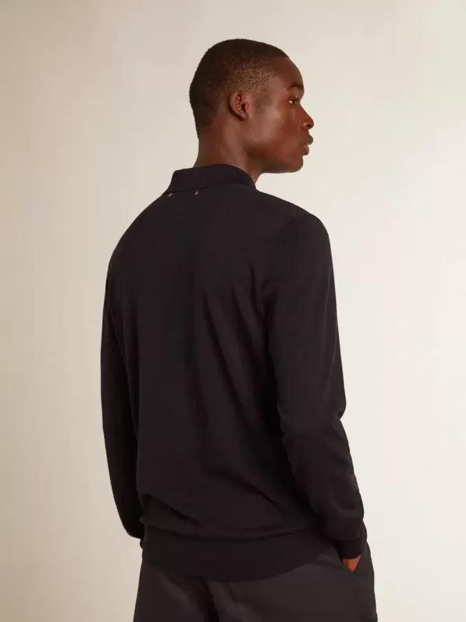 Polo da uomo a maniche lunghe in lana merino blu navy Polo da uomo a maniche lunghe in lana merino blu navy