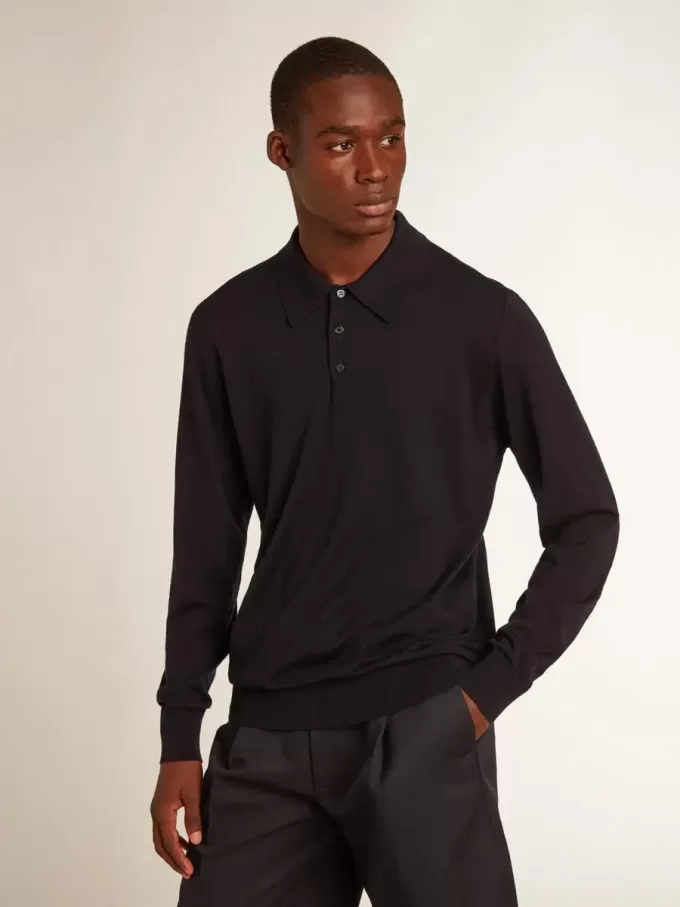 Polo da uomo a maniche lunghe in lana merino blu navy Polo da uomo a maniche lunghe in lana merino blu navy