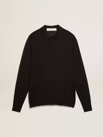 Polo da uomo a maniche lunghe in lana merino nera