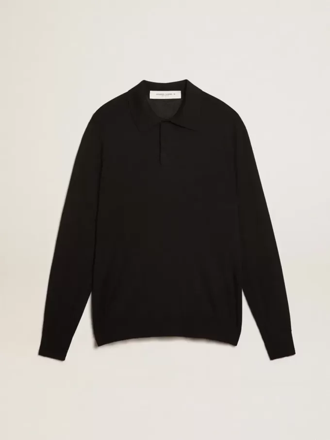 Polo da uomo a maniche lunghe in lana merino nera Polo da uomo a maniche lunghe in lana merino nera