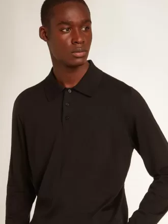 Polo da uomo a maniche lunghe in lana merino nera