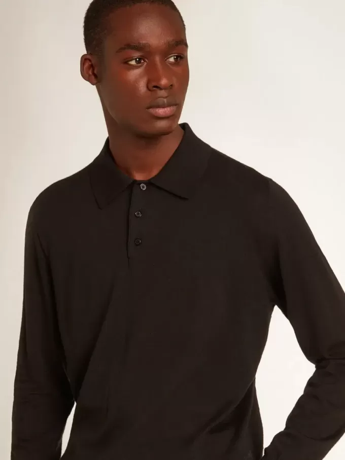Polo da uomo a maniche lunghe in lana merino nera Polo da uomo a maniche lunghe in lana merino nera