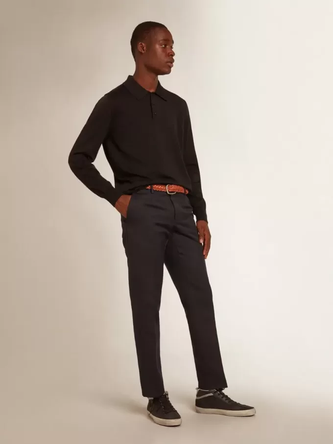 Polo da uomo a maniche lunghe in lana merino nera Polo da uomo a maniche lunghe in lana merino nera