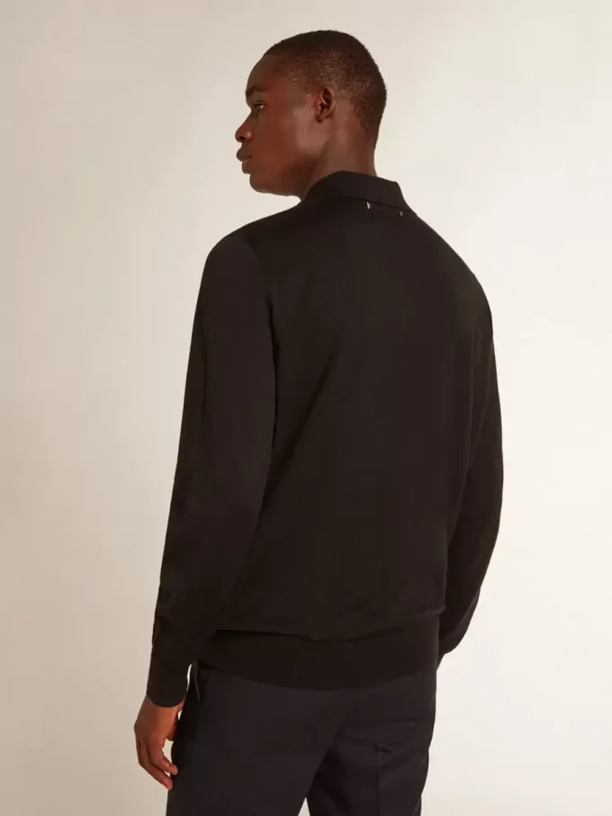 Polo da uomo a maniche lunghe in lana merino nera Polo da uomo a maniche lunghe in lana merino nera
