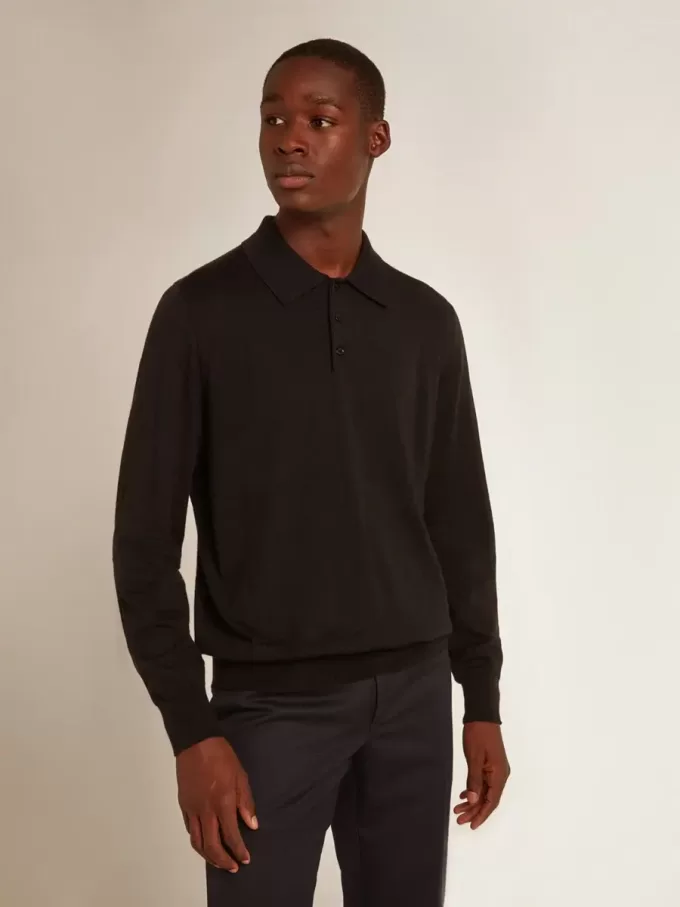 Polo da uomo a maniche lunghe in lana merino nera Polo da uomo a maniche lunghe in lana merino nera