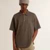 Polo da uomo in cotone grigio antracite con ricamo