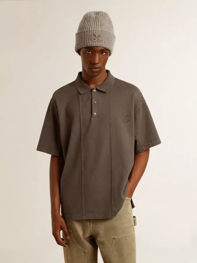 Polo da uomo in cotone grigio antracite con ricamo