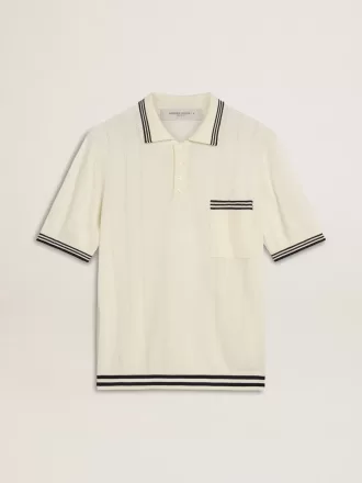 Polo da uomo in maglia bianca consumata con bordi blu