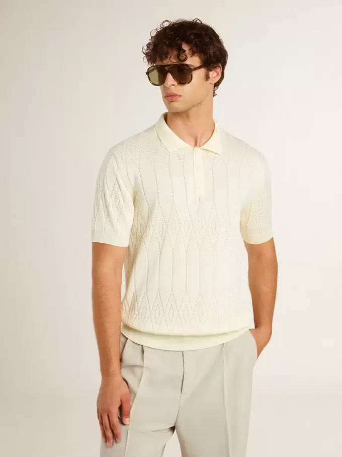 Polo da uomo in maglia jacquard bianca Polo da uomo in maglia jacquard bianca
