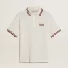 Polo da uomo in maglia traforata bianca con dettagli a righe bordeaux Polo da uomo in maglia traforata bianca con dettagli a righe bordeaux