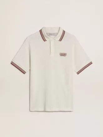 Polo da uomo in maglia traforata bianca con dettagli a righe bordeaux