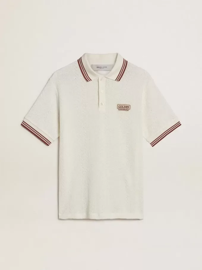 Polo da uomo in maglia traforata bianca con dettagli a righe bordeaux Polo da uomo in maglia traforata bianca con dettagli a righe bordeaux