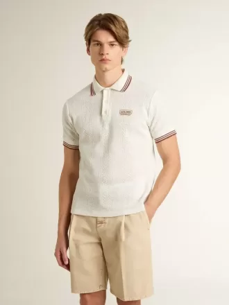 Polo da uomo in maglia traforata bianca con dettagli a righe bordeaux
