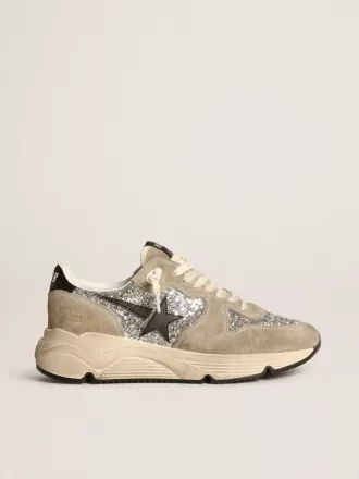 Running Sole da donna in glitter argento e pelle scamosciata grigio tortora Running Sole da donna in glitter argento e pelle scamosciata grigio tortora
