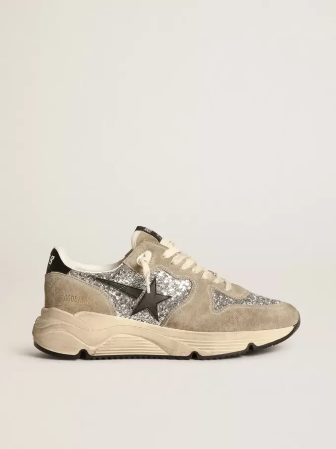 Running Sole da donna in glitter argento e pelle scamosciata grigio tortora