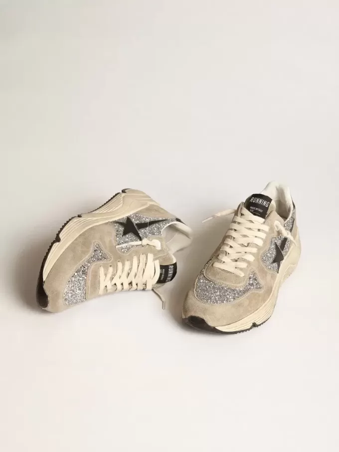 Running Sole da donna in glitter argento e pelle scamosciata grigio tortora