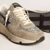 Running Sole da donna in glitter argento e pelle scamosciata grigio tortora