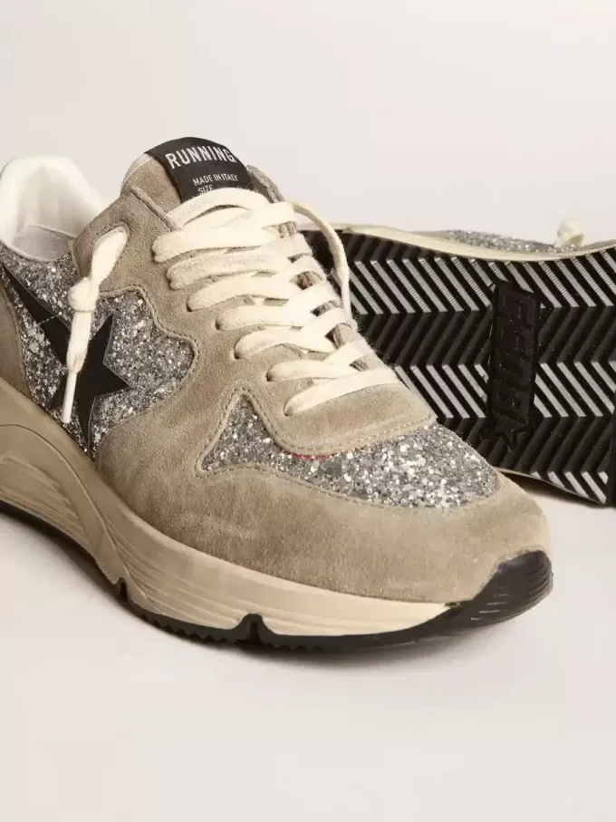 Running Sole da donna in glitter argento e pelle scamosciata grigio tortora