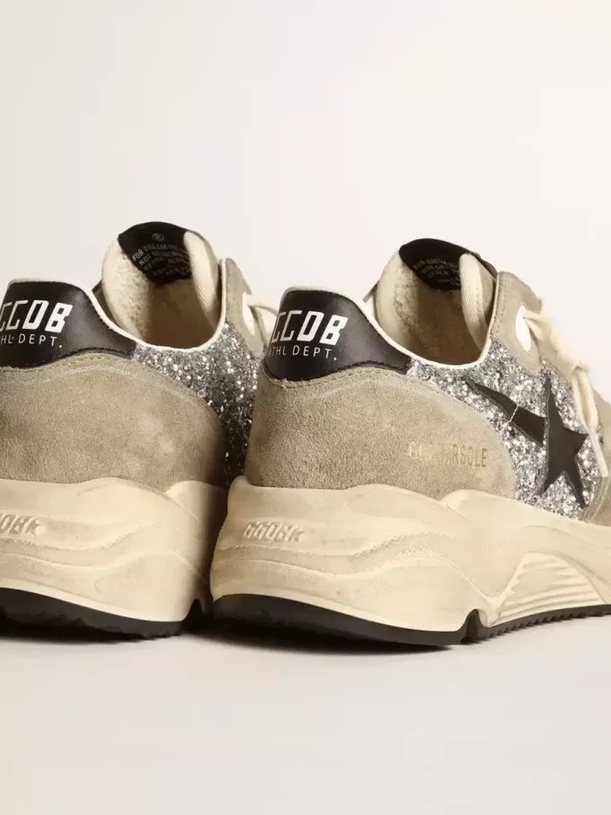 Running Sole da donna in glitter argento e pelle scamosciata grigio tortora