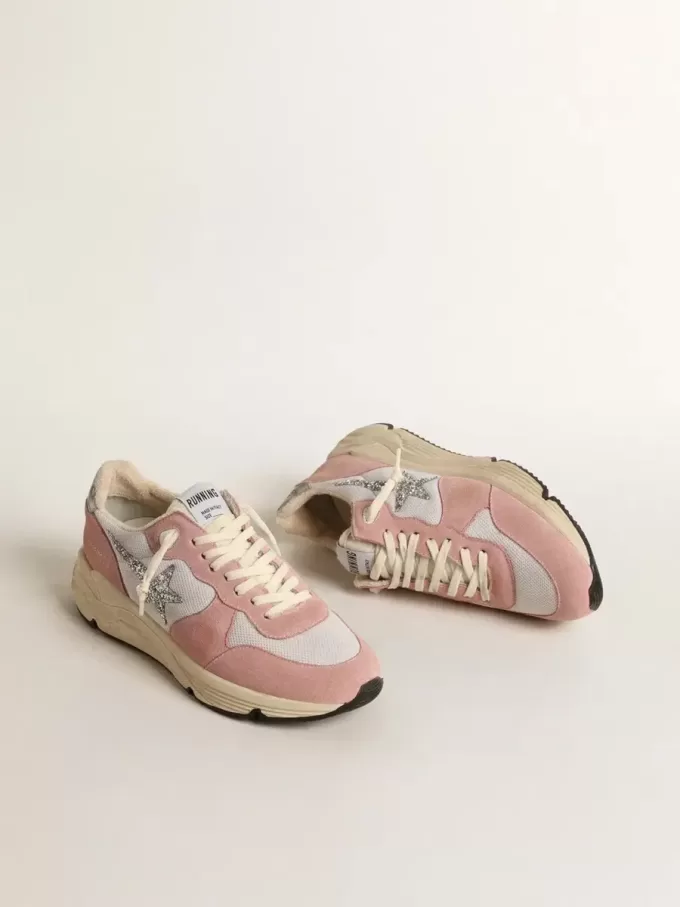 Running Sole da donna in mesh grigio e pelle scamosciata con stella glitterata argento