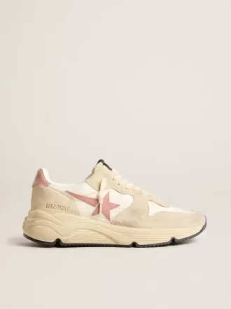 Running Sole da donna in nylon beige con stella e linguetta sul tallone in pelle rosa Running Sole da donna in nylon beige con stella e linguetta sul tallone in pelle rosa