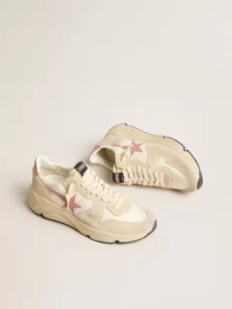 Running Sole da donna in nylon beige con stella e linguetta sul tallone in pelle rosa Running Sole da donna in nylon beige con stella e linguetta sul tallone in pelle rosa