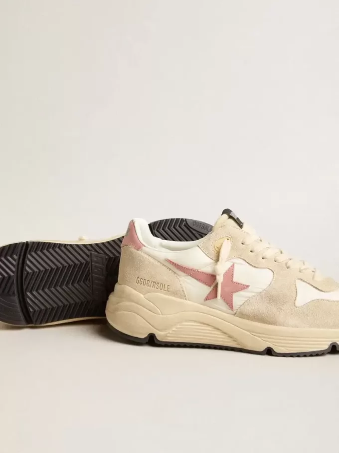 Running Sole da donna in nylon beige con stella e linguetta sul tallone in pelle rosa