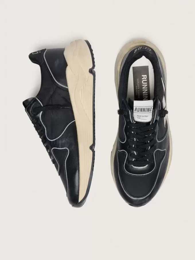 Running Sole da donna in pelle nappa nera e nylon con stella in pelle argentata