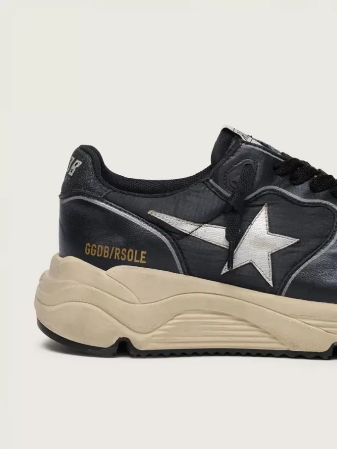 Running Sole da donna in pelle nappa nera e nylon con stella in pelle argentata
