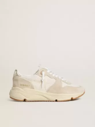 Running Sole da donna in tela con stella beige e linguetta sul tallone in pelle metallizzata platino Running Sole da donna in tela con stella beige e linguetta sul tallone in pelle metallizzata platino
