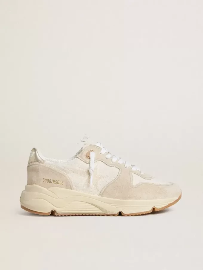 Running Sole da donna in tela con stella beige e linguetta sul tallone in pelle metallizzata platino Running Sole da donna in tela con stella beige e linguetta sul tallone in pelle metallizzata platino