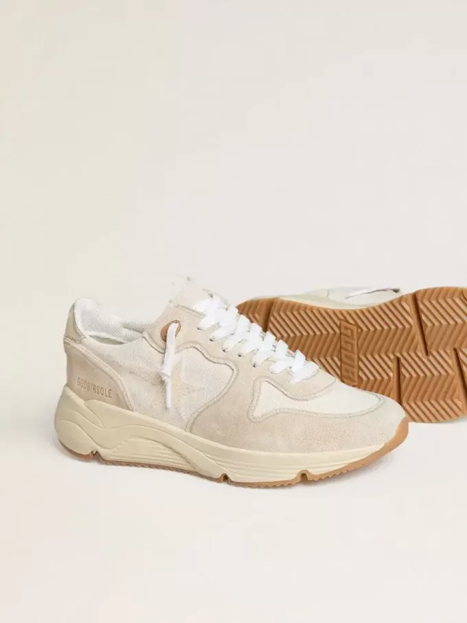 Running Sole da donna in tela con stella beige e linguetta sul tallone in pelle metallizzata platino Running Sole da donna in tela con stella beige e linguetta sul tallone in pelle metallizzata platino