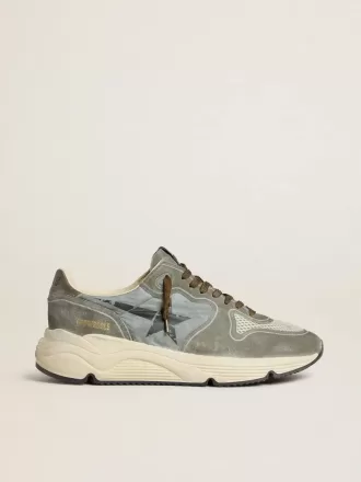 Running Sole da uomo in nylon azzurro con stella nera e linguetta sul tallone in pelle verde Running Sole da uomo in nylon azzurro con stella nera e linguetta sul tallone in pelle verde
