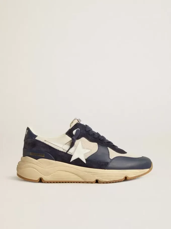 Running Sole in mesh color crema e pelle blu con stella in pelle bianca