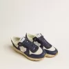Running Sole in mesh color crema e pelle blu con stella in pelle bianca
