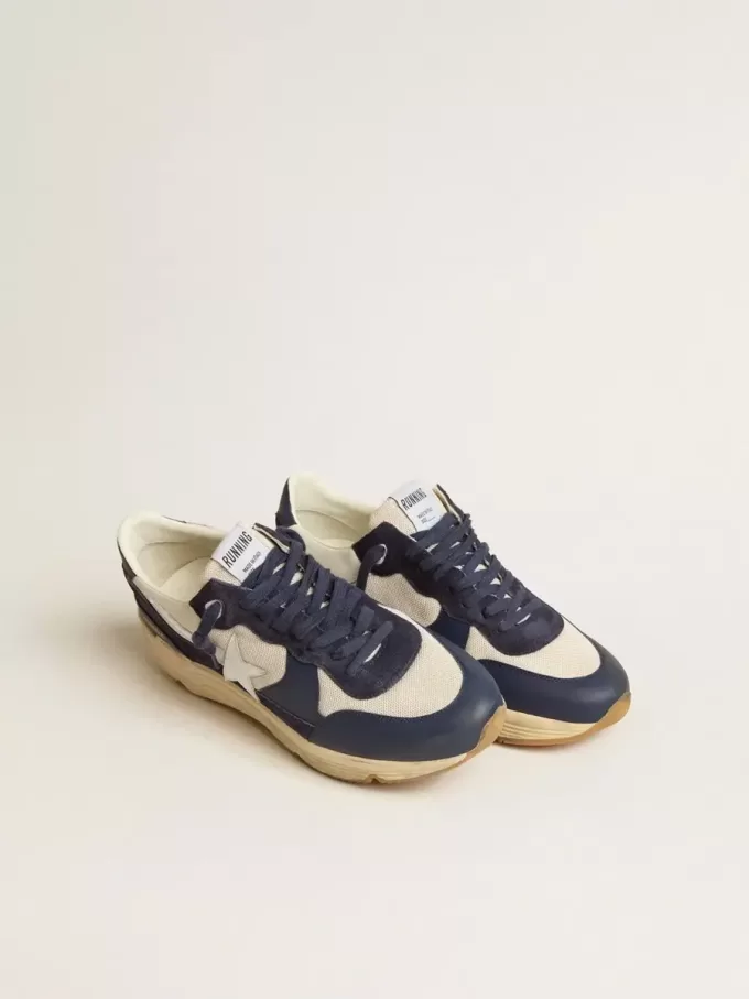 Running Sole in mesh color crema e pelle blu con stella in pelle bianca